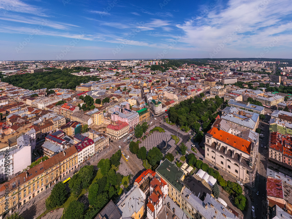 Panoramic aerial view of colourful houses in historical old district of Lviv, Ukraine. Lviv is one of main cultural centres and largest city and in western Ukraine.