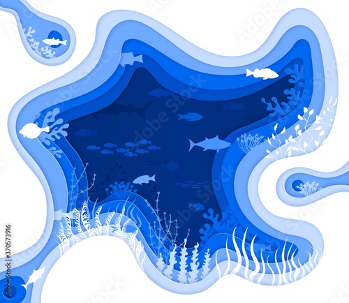 Paper cut underwater world vector illustration in blue shades.