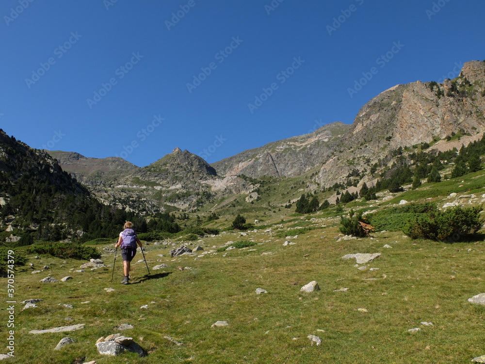 Naklejka premium Jeune femme randonneur qui marche en montagne dans la vallée de l'Orri dans les Pyrénées Orientales en pays catalan en Languedoc