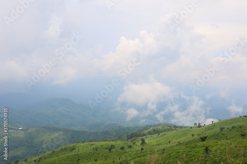 view of landscape is green grass on nature mountain in rainny season at thailand