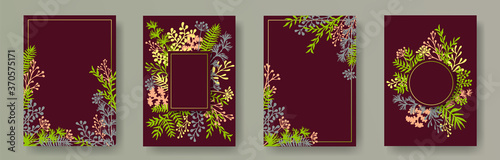 Cute herb twigs, tree branches, flowers floral invitation cards collection. H...