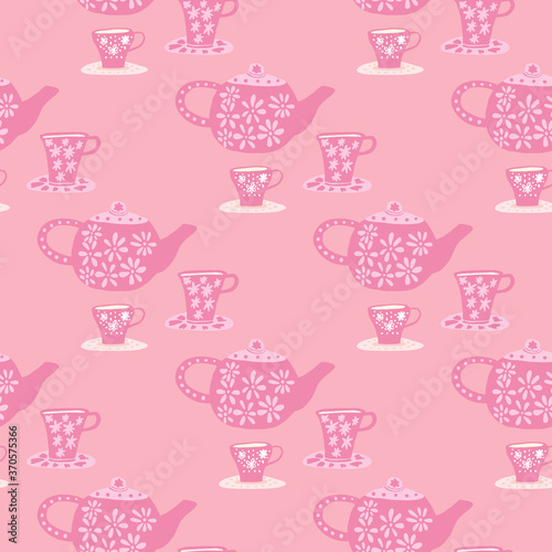 Traditional seamless pattern with doodle tea ceremony elements. Pink palette cafe print.