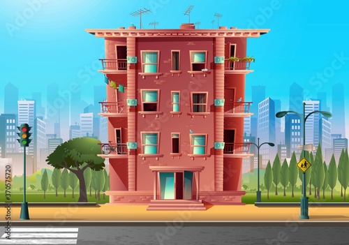 Vector cartoon style modern multi-storey building, architecture in cartoon style.