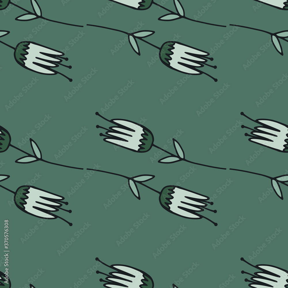 Pale seamless doodle pattern with grey tulip flowers shapes. Green background. Simple minimalistic backdrop. Pale seamless doodle pattern with grey tulip flowers shapes. Green background. Simple minimalistic backdrop.