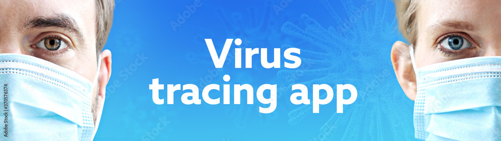 Virus tracing app (Coronavirus). Faces of man and woman with face mask. Couple wearing breathing mask. Blue background with text. Virus, corona, coronavirus Virus tracing app (Coronavirus). Faces of man and woman with face mask. Couple wearing breathing mask. Blue background with text. Virus, corona, coronavirus