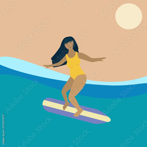 Girl on the surf. Girl on the beach. Summer mood. Vector illustration.