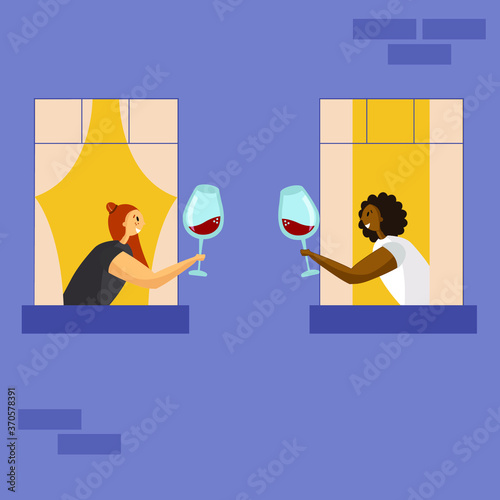 An illustration of two women chatting and drinking wine, standing at the window, in the middle of the night. Social distancing. Good neighbours.