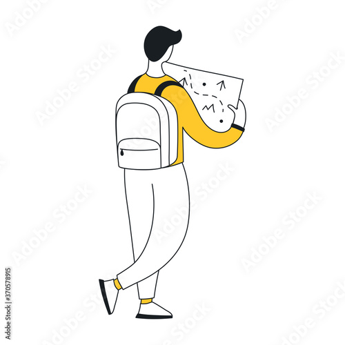 Man with a map. Research, discovery, navigation and seeking a way out. Flat line vector icon illustration.