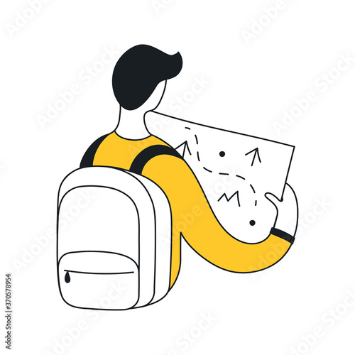 Man with a map. Research, discovery, navigation, and seeking a way out. Flat line vector icon illustration.