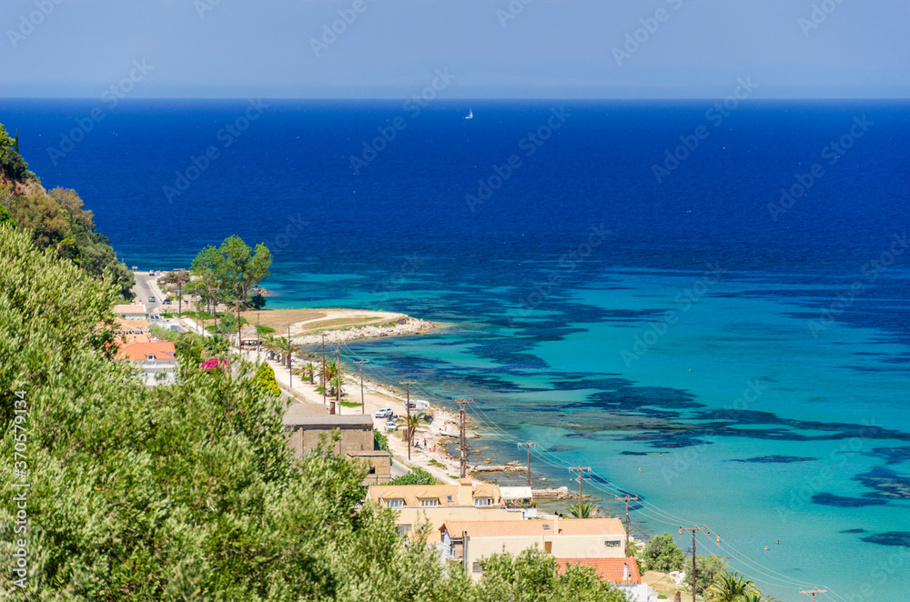 Spectacular view on turquoise sea from Zakynthos town. Zakynthos island on Ionian Sea is situated on the west of Greece.