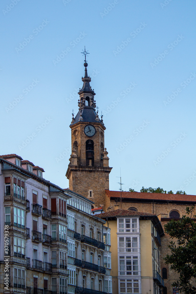 Tower of the church of San Miguel Arcángel from the Plaza de la Virgen Blanca in Vitoria Basque Country Spain