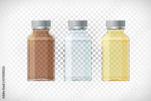 Glass bottle mockup on transparent background. Vector set of transparent empty medical bottles. Brown, white, yellow glass containers for powder, pils, medicine, drink, juice.