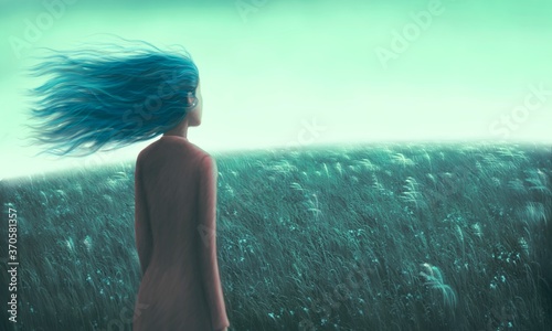 Painting artwork , Alone loneliness hope dream and freedom concept, lonely young woman in grass field, dramatic illustration, solitude nature landscape, art