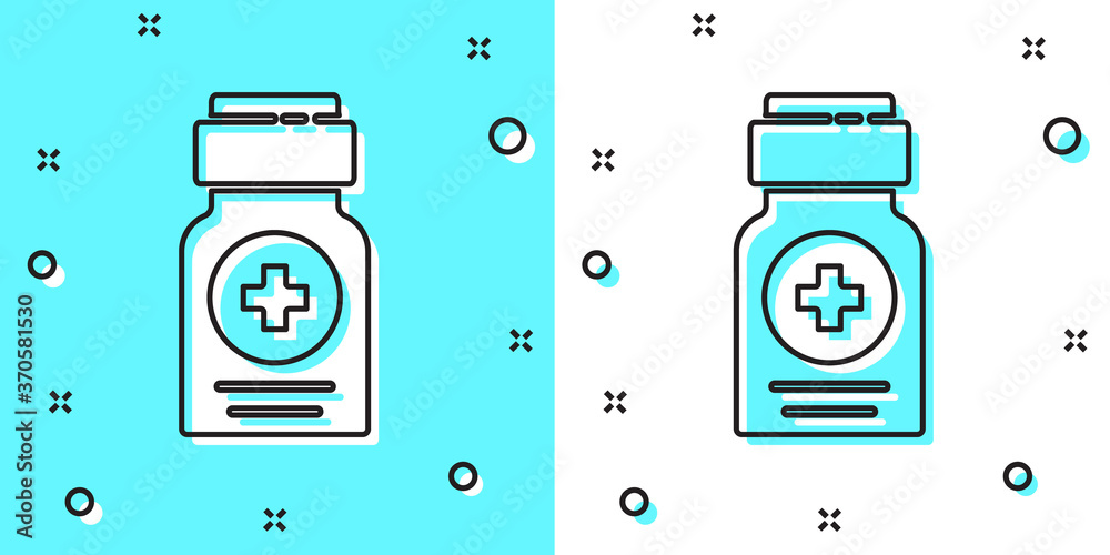 Black line Medicine bottle icon isolated on green and white background. Bottle pill sign. Pharmacy design. Random dynamic shapes. Vector Illustration. Black line Medicine bottle icon isolated on green and white background. Bottle pill sign. Pharmacy design. Random dynamic shapes. Vector Illustration.
