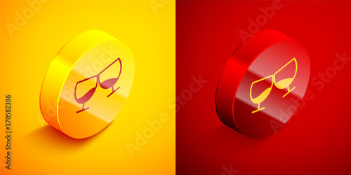 Isometric Glass of cognac or brandy icon isolated on orange and red background. Circle button. Vector Illustration.