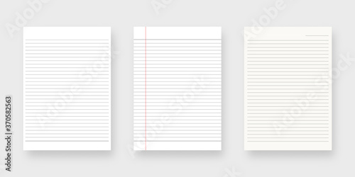 Notebook paper set. Sheet of lined paper template. Mockup isolated. Template design. Realistic vector illustration.
