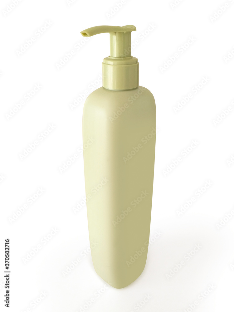 Lateral view of cosmetic plastic container with manual dispenser isolated on white background. Cyclindrical travel toilet bottle. Packaging for perfumery and cosmetics. Lateral view of cosmetic plastic container with manual dispenser isolated on white background. Cyclindrical travel toilet bottle. Packaging for perfumery and cosmetics.