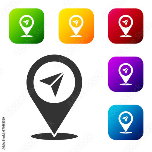 Black Map pin icon isolated on white background. Navigation, pointer, location, map, gps, direction, place, compass, search concept. Set icons in color square buttons. Vector Illustration.