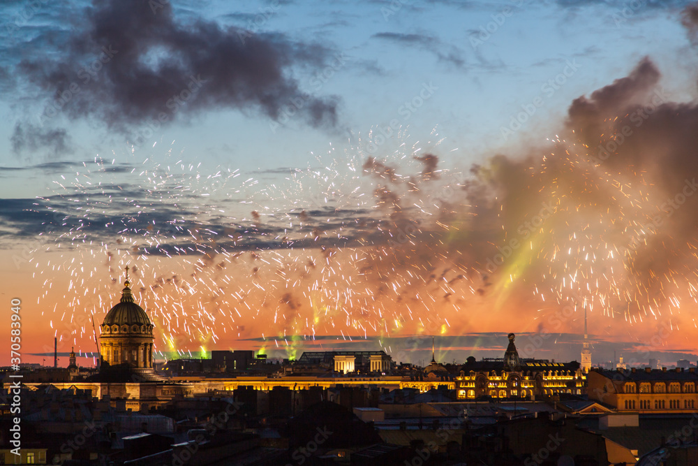 Holiday fireworks in Saint Petersburg rooftops night cityscape
