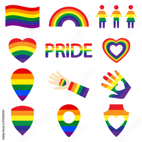 LGBT color icons set: gay, lesbian, rainbow, heart, map location, free love, flag, hand, support, stop homophobia, LGBT rights, pride day. Modern vector illustration