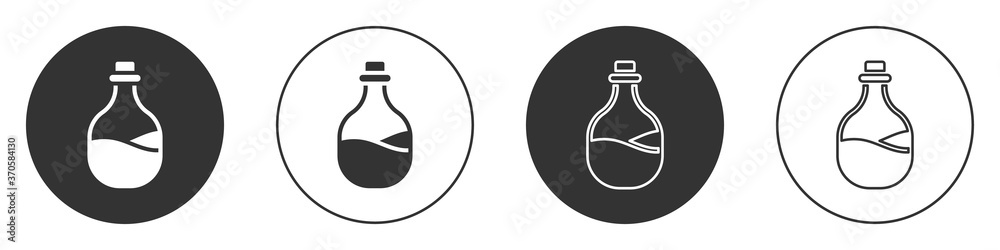 Black Old bottle of wine icon isolated on white background. Circle button. Vector. Black Old bottle of wine icon isolated on white background. Circle button. Vector.