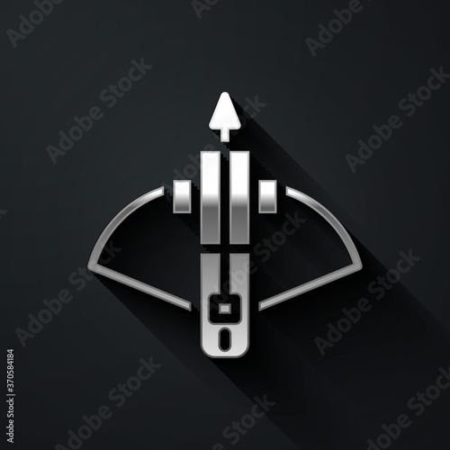 Silver Battle crossbow with arrow icon isolated on black background. Long shadow style. Vector.