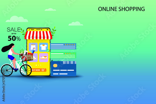 Concept of online shopping, young woman riding a bicycle to pick up the goods at store that already ordered from the application and selected option to pick up at store in blue green shade background.