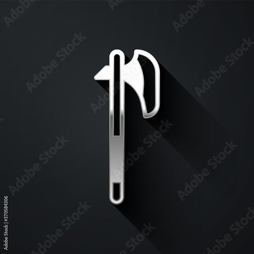 Silver Medieval axe icon isolated on black background. Battle axe, executioner axe. Medieval weapon. Long shadow style. Vector.