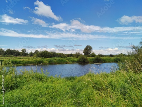 green river bank on the background of blue cloudy sky on a sunny day