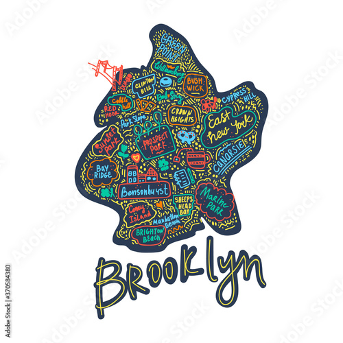 Map of Brooklyn new York USA flat drawn vector illustration. American States city, district, name inscriptions and cartoon attractions, tourist attractions clipart. Us trips, travel poster comics