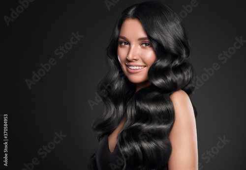 Healthy teeth smile Black hair woman beauty long curly hairstyle