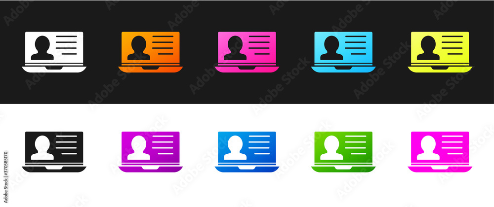 Set Laptop with resume icon isolated on black and white background. CV application. Searching professional staff. Analyzing personnel resume. Vector. Set Laptop with resume icon isolated on black and white background. CV application. Searching professional staff. Analyzing personnel resume. Vector.
