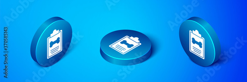 Isometric Clipboard with medical clinical record pet icon isolated on blue background. Health insurance form. Medical check marks report. Blue circle button. Vector.