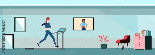 Home exercise Running machine. Vector flat concept with woman sitting at home .Vector flat illustration concept