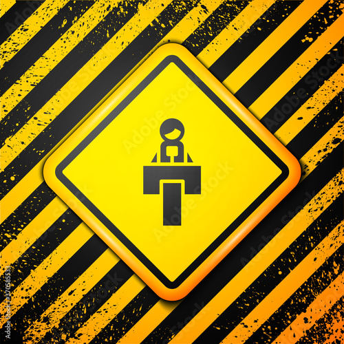 Black Stage stand or debate podium rostrum icon isolated on yellow background. Conference speech tribune. Warning sign. Vector.
