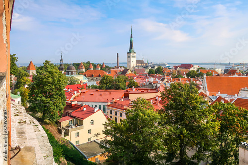 Afternoon view overlooking the medieval walled city of Tallinn Estonia on a summer day in the Baltic region of Northern Europe.