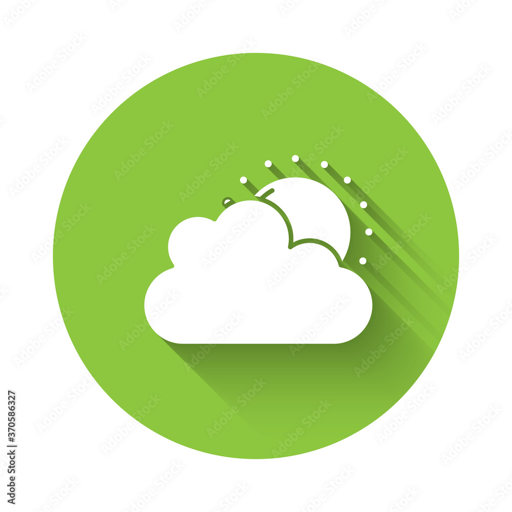 White Sun and cloud weather icon isolated with long shadow. Green circle button. Vector. White Sun and cloud weather icon isolated with long shadow. Green circle button. Vector.