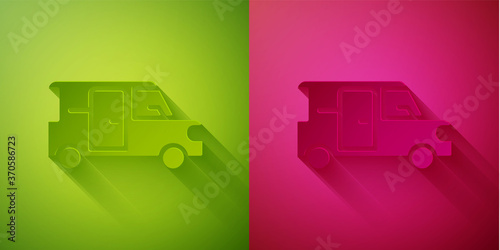 Paper cut Minibus icon isolated on green and pink background. Paper art style. Vector.