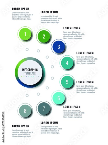Business infographic template with eight round realistic elements on a white background. Modern horizontal progress visualisation with options and descriptions. Vector illustration eps10