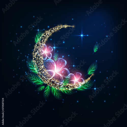 Fototapete Futuristic glowing low polygonal golden crescent moon decorated with pink flower
