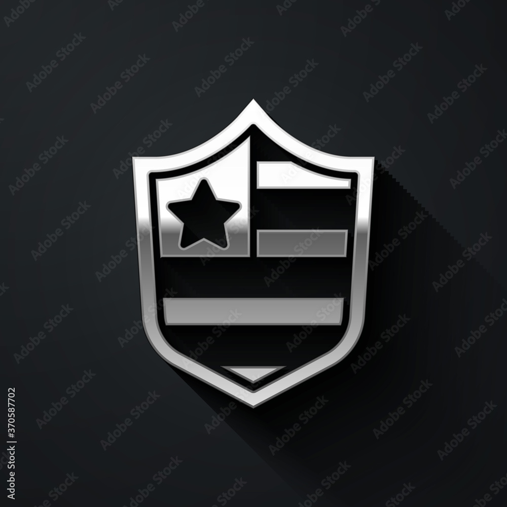 Silver Shield with stars and stripes icon isolated on black background. United States of America country flag. 4th of July. USA Independence day. Long shadow style. Vector.