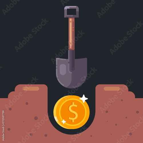 dig an old coin in the ground. look for treasures. flat vector illustration.