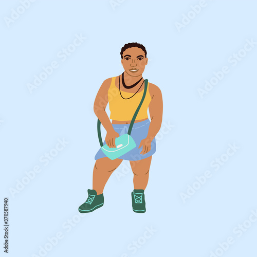 A beautiful African-American woman of small stature. People with achondroplasia disease. A girl with an unusual appearance. Illustration with a woman of special appearance. People with special needs.