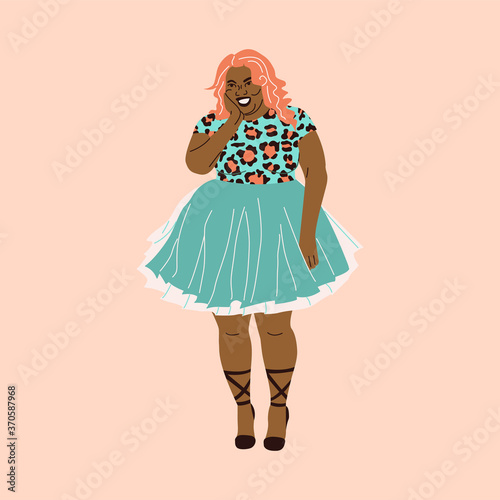 Curvy beautiful African American woman character confident. Happy overweight woman in a fluffy dress. Illustration in flat style with a large woman. For design on the theme of love for your body.