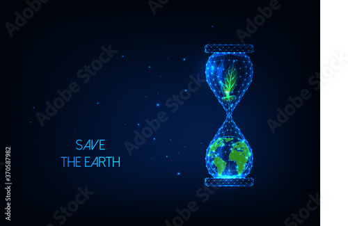 Futuristic Save the Earth environment concept with glowing low poly hourglass with planet, plant