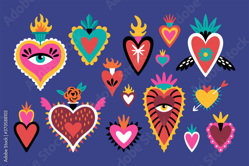 Obraz na płótnie Cute set of mexican sacred hearts for Day of the dead Dia de los Muertos holiday