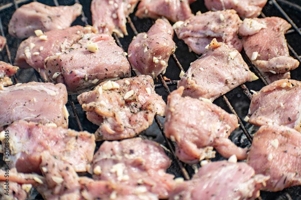 Grilling pig meat and sausages for a campfire party. Grilling pig meat and sausages for a campfire party.