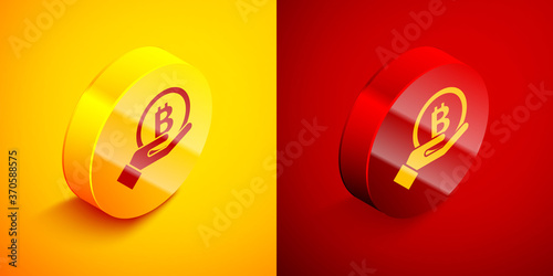 Isometric Hand holding Bitcoin icon isolated on orange and red background. Blockchain technology, digital money market, cryptocoin wallet. Circle button. Vector.