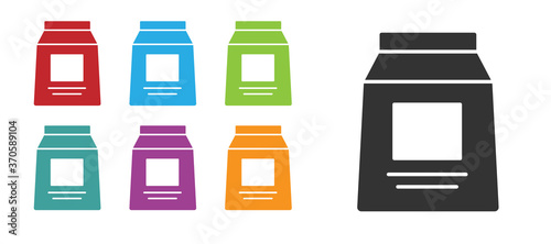 Black Sports nutrition bodybuilding proteine power drink and food icon isolated on white background. Set icons colorful. Vector.