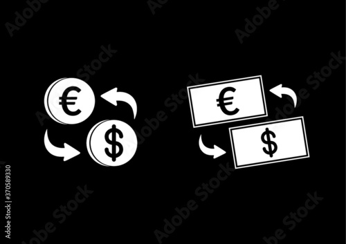 Money exchange icon. Euro and American dollar coins and paper bills conversion. Specially designed for small size viewing.